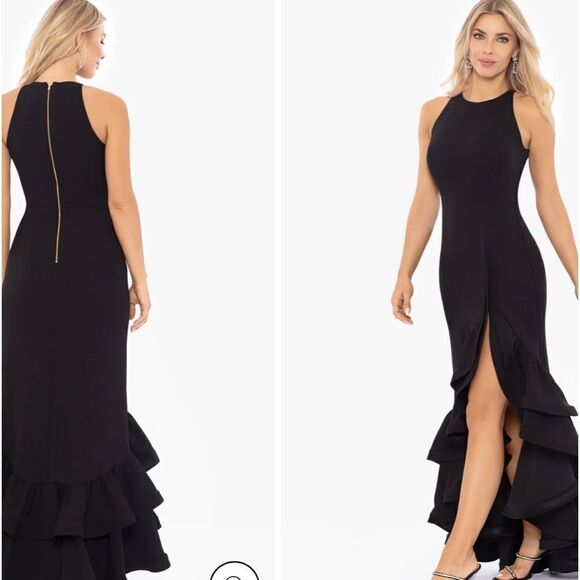 Betsy & Adam A22845 "ARIELLE" SCUBA CREPE RUFFLE SLIT GOWN size 12 - Picture 5 of 8